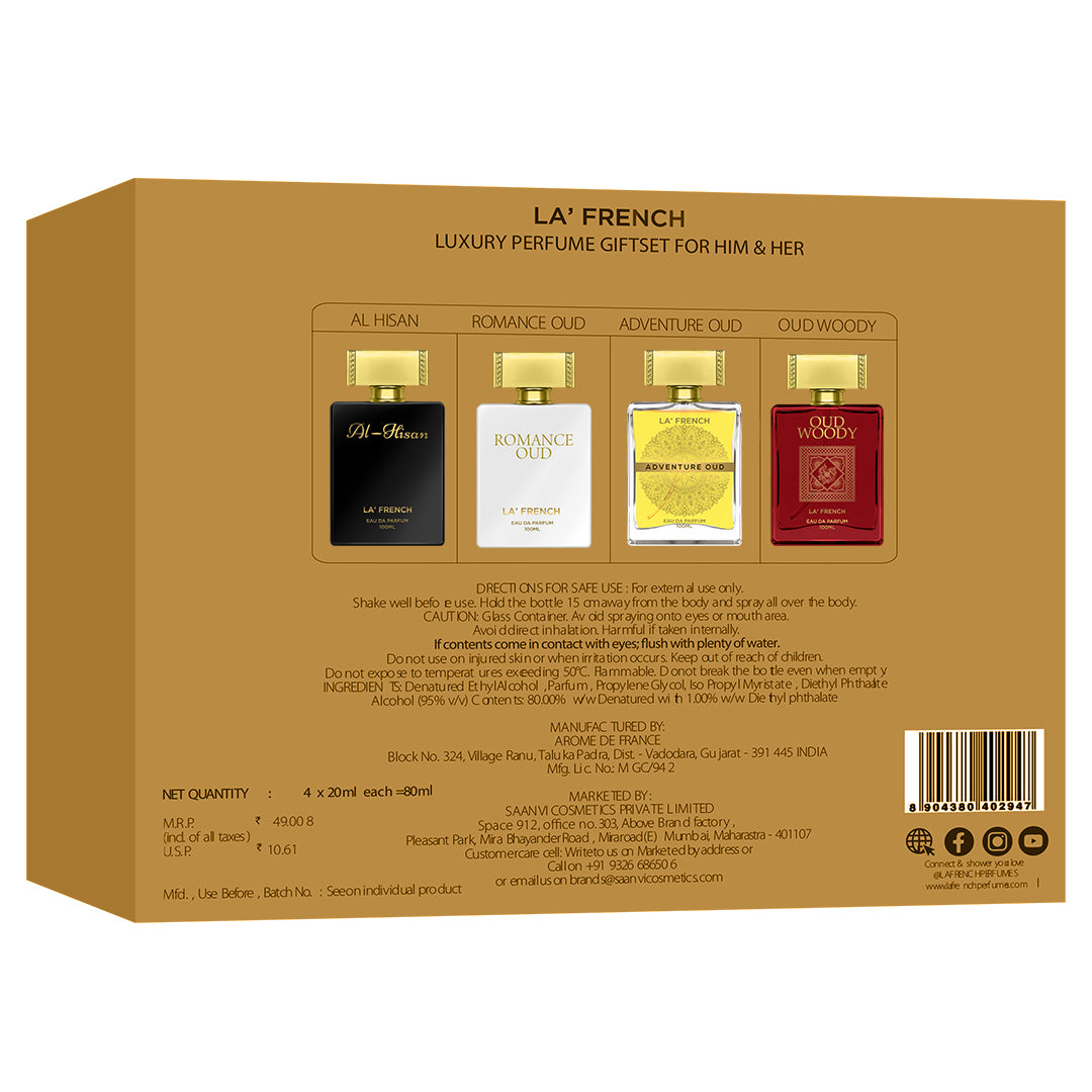 LF Oudh Perfume Gift Set 4x20ml - Adventure Oud | Romance Oud | Al Hisan | Oud Woody