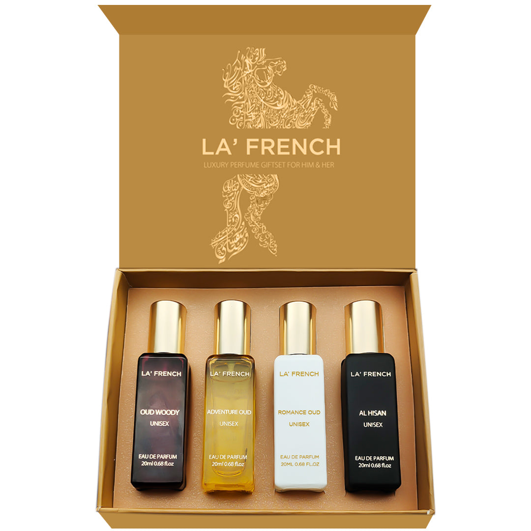 Oudh Perfume Gift Set 4x20ml | Adventure Oud | Romance Oud | Al Hisan | Oud Woody | Unisex Gift Set (Oudh Gift Set Pack)