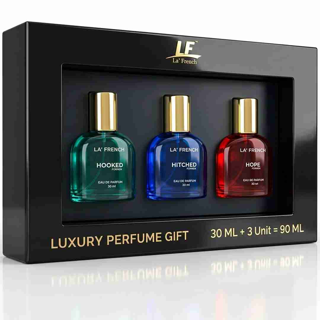 La French Perfume Gift Set for Men 3x30 ML Hooked Hope Hitched Best Gift Hamper Perfume | Long Lasting | Citrus Spicy & Musky Fragrance | Date night fragrance | Best Gift Set For Men
