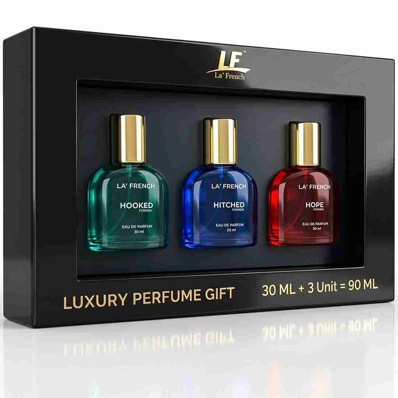 La French Perfume Gift Set for Men 3x30 ML Hooked Hope Hitched Best Gift Hamper Perfume | Long Lasting | Citrus Spicy & Musky Fragrance | Date night fragrance | Best Gift Set For Men