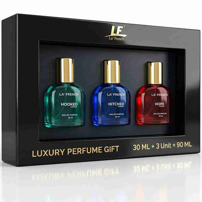 La French Perfume Gift Set for Men 3x30 ML Hooked Hope Hitched Best Gift Hamper Perfume | Long Lasting | Citrus Spicy & Musky Fragrance | Date night fragrance | Best Gift Set For Men