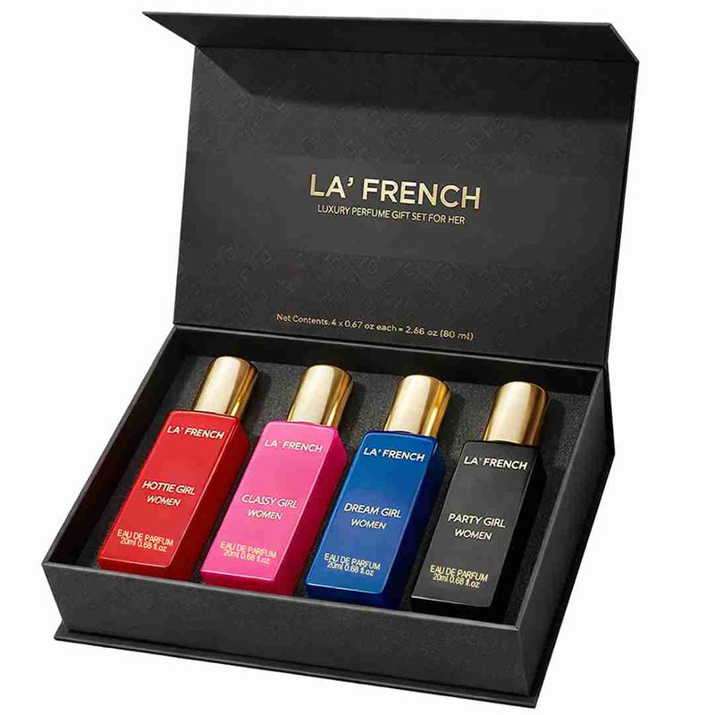 La French Sassy Luxury Perfume Gift Set for Women – Set of 4 Mini Perfumes (20ml Each) | Long-Lasting & Luxurious Fragrances | Premium Combo Gift Set for Girls & Women | Perfect for Gifting & Everyday Elegance