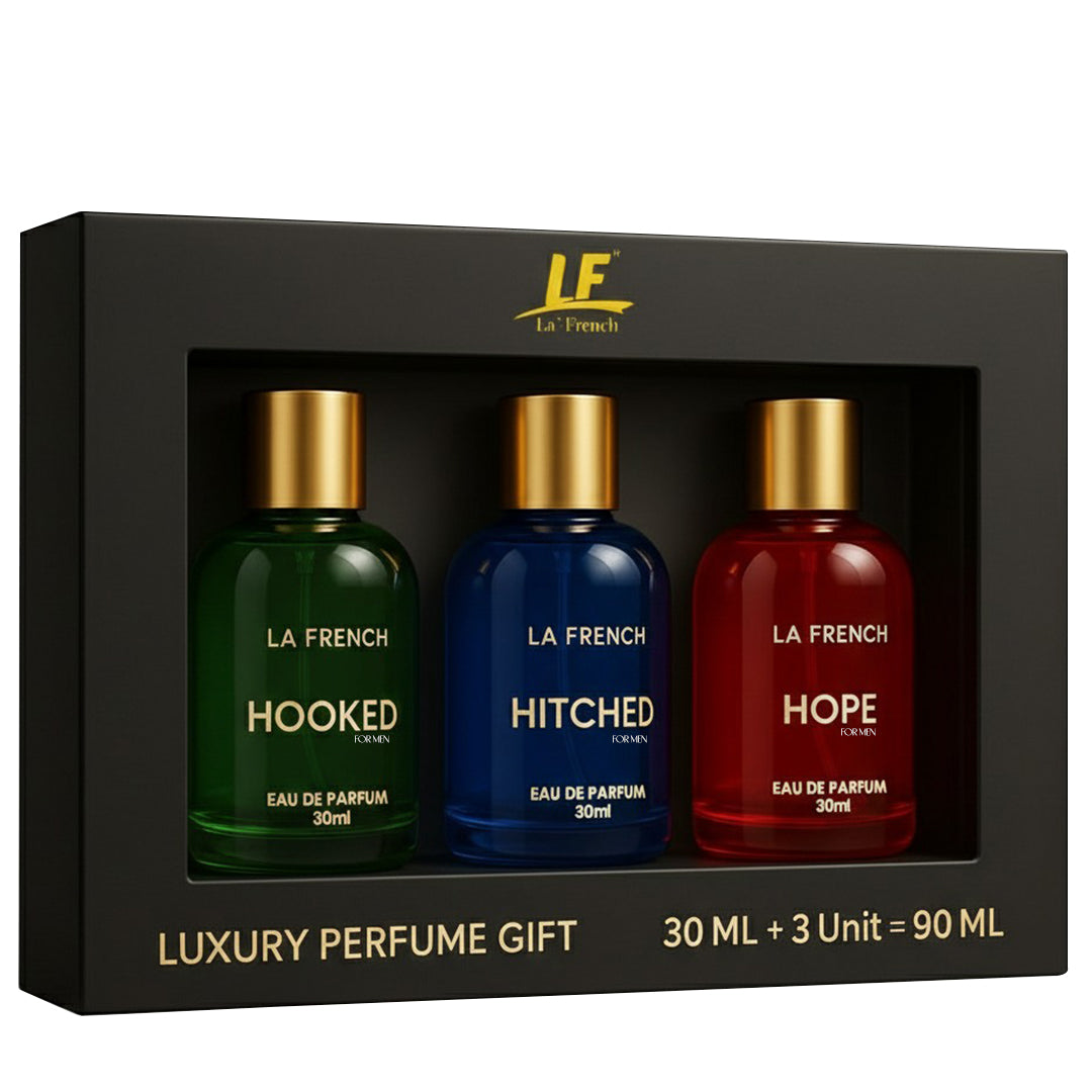 La French Perfume Gift Set for Men 3x30 ML Hooked Hope Hitched Best Gift Hamper Perfume | Long Lasting | Citrus Spicy & Musky Fragrance | Date night fragrance | Best Gift Set For Men