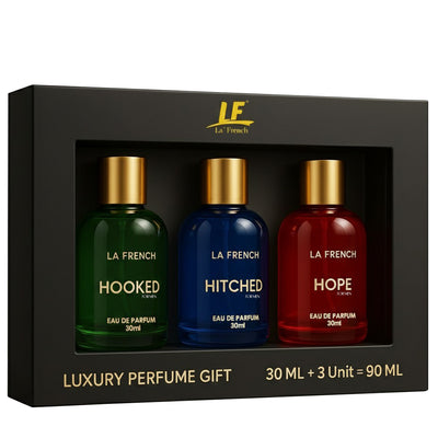 La French Perfume Gift Set for Men 3x30 ML Hooked Hope Hitched Best Gift Hamper Perfume | Long Lasting | Citrus Spicy & Musky Fragrance | Date night fragrance | Best Gift Set For Men