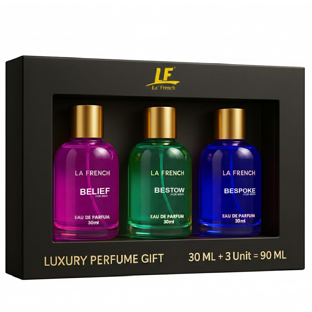 La French Man Perfume Gift Set 3 x 30 ml for Men | with Belief Bestow Bespoke Perfume | Woody, Citrusy Long Lasting EDP Fragrance Scent Best Gift Hamper Set for Men