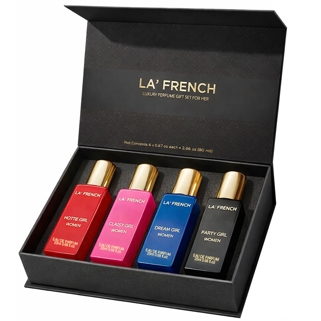 La French Sassy Luxury Perfume Gift Set for Women – Set of 4 Mini Perfumes (20ml Each) | Long-Lasting & Luxurious Fragrances | Premium Combo Gift Set for Girls & Women | Perfect for Gifting & Everyday Elegance