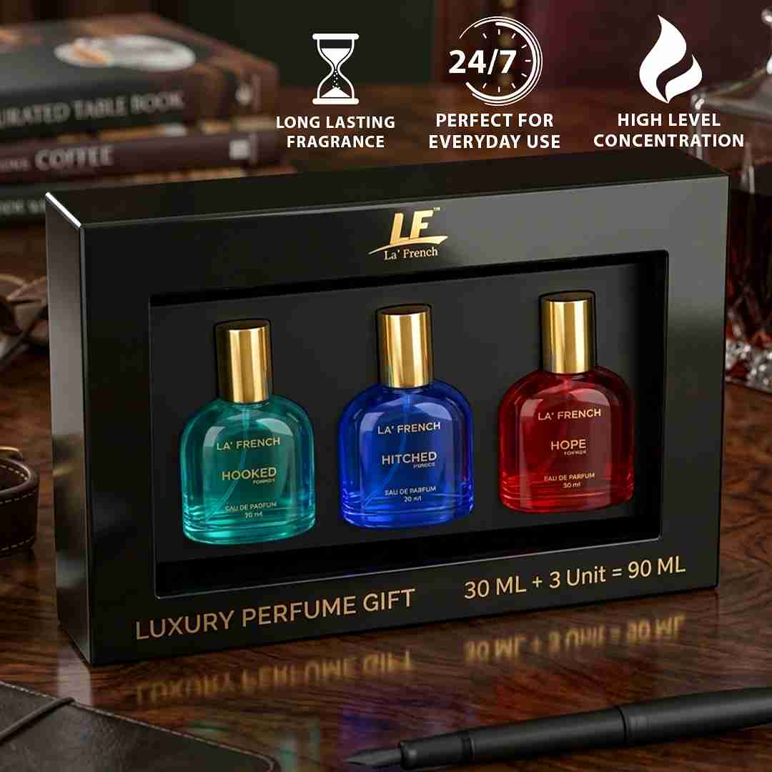 La French Perfume Gift Set for Men 3x30 ML Hooked Hope Hitched Best Gift Hamper Perfume | Long Lasting | Citrus Spicy & Musky Fragrance | Date night fragrance | Best Gift Set For Men