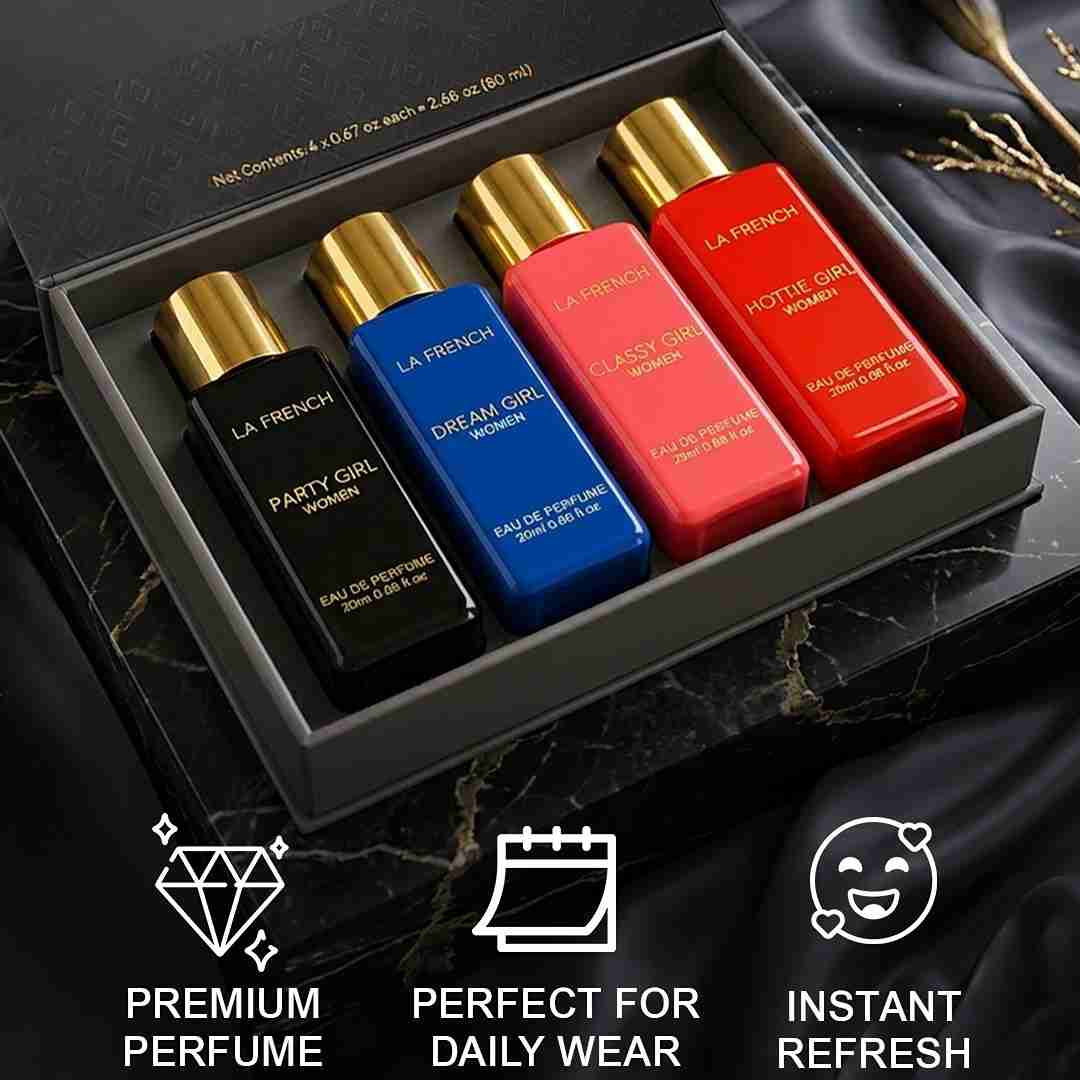 La French Sassy Luxury Perfume Gift Set for Women – Set of 4 Mini Perfumes (20ml Each) | Long-Lasting & Luxurious Fragrances | Premium Combo Gift Set for Girls & Women | Perfect for Gifting & Everyday Elegance