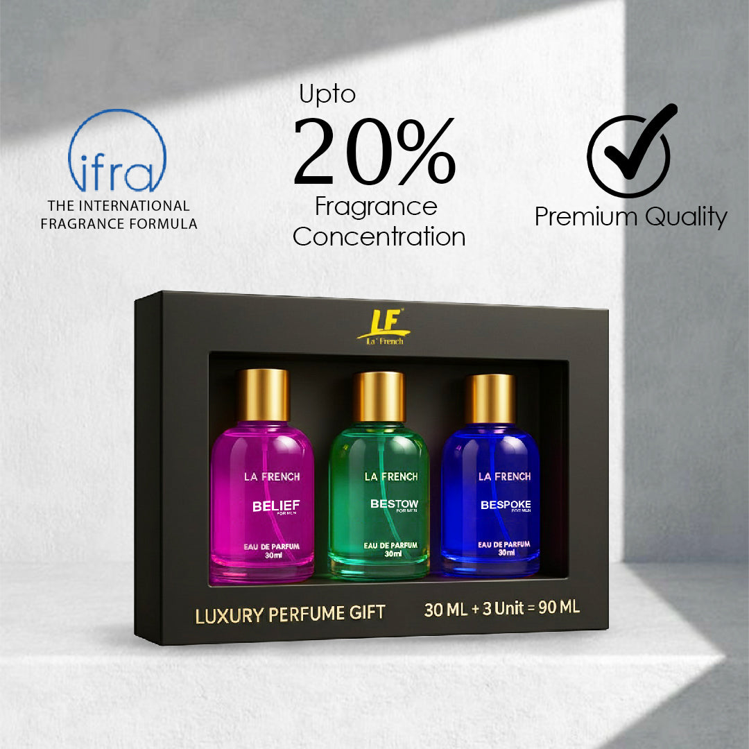 La French Man Perfume Gift Set 3 x 30 ml for Men | with Belief Bestow Bespoke Perfume | Woody, Citrusy Long Lasting EDP Fragrance Scent Best Gift Hamper Set for Men