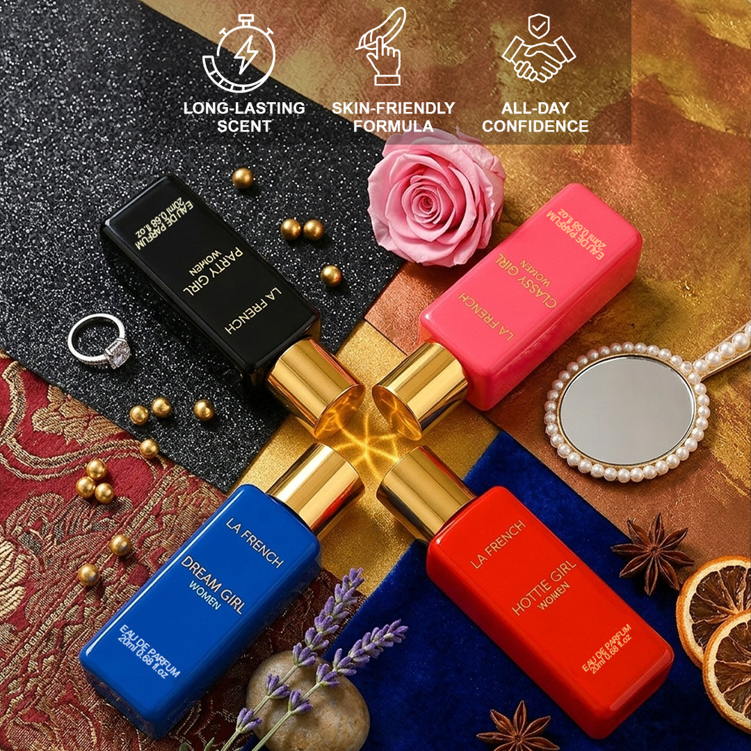 La French Sassy Luxury Perfume Gift Set for Women – Set of 4 Mini Perfumes (20ml Each) | Long-Lasting & Luxurious Fragrances | Premium Combo Gift Set for Girls & Women | Perfect for Gifting & Everyday Elegance