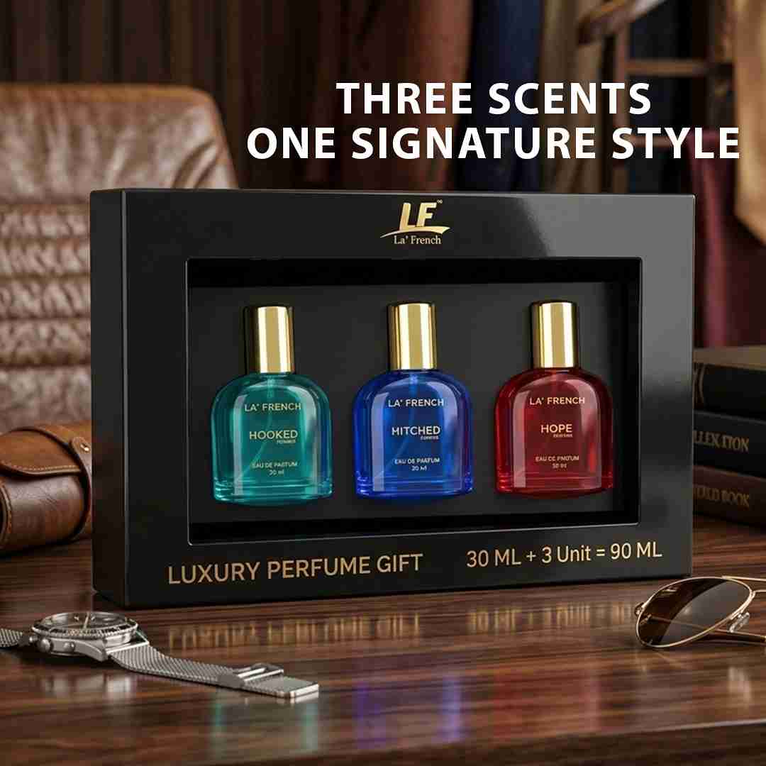 La French Perfume Gift Set for Men 3x30 ML Hooked Hope Hitched Best Gift Hamper Perfume | Long Lasting | Citrus Spicy & Musky Fragrance | Date night fragrance | Best Gift Set For Men