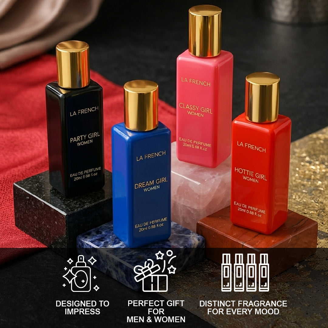 La French Sassy Luxury Perfume Gift Set for Women – Set of 4 Mini Perfumes (20ml Each) | Long-Lasting & Luxurious Fragrances | Premium Combo Gift Set for Girls & Women | Perfect for Gifting & Everyday Elegance
