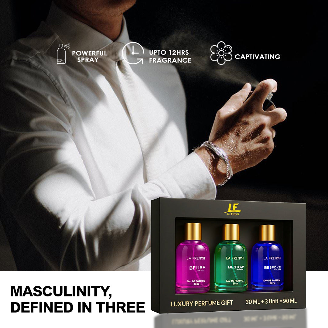 La French Man Perfume Gift Set 3 x 30 ml for Men | with Belief Bestow Bespoke Perfume | Woody, Citrusy Long Lasting EDP Fragrance Scent Best Gift Hamper Set for Men