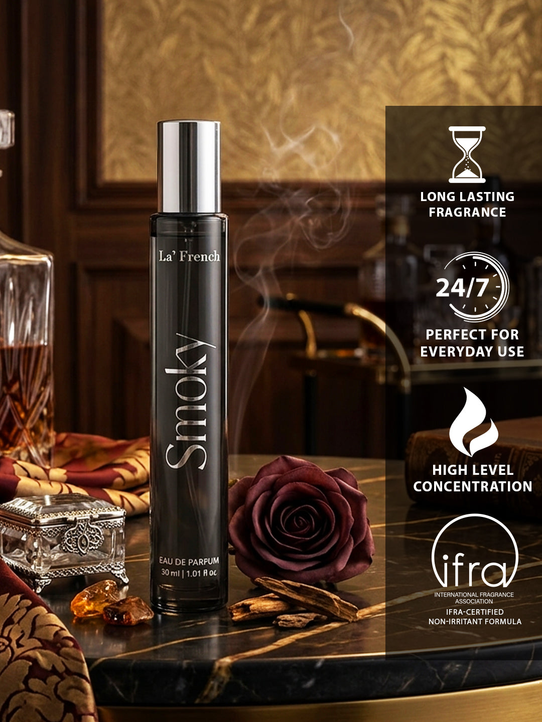 La French Smoky Perfume 30ml | Long Lasting Smoky Woody Spicy Fragrance for Men & Women | Premium Unisex Eau De Parfum | Dark & Intense Signature Scent