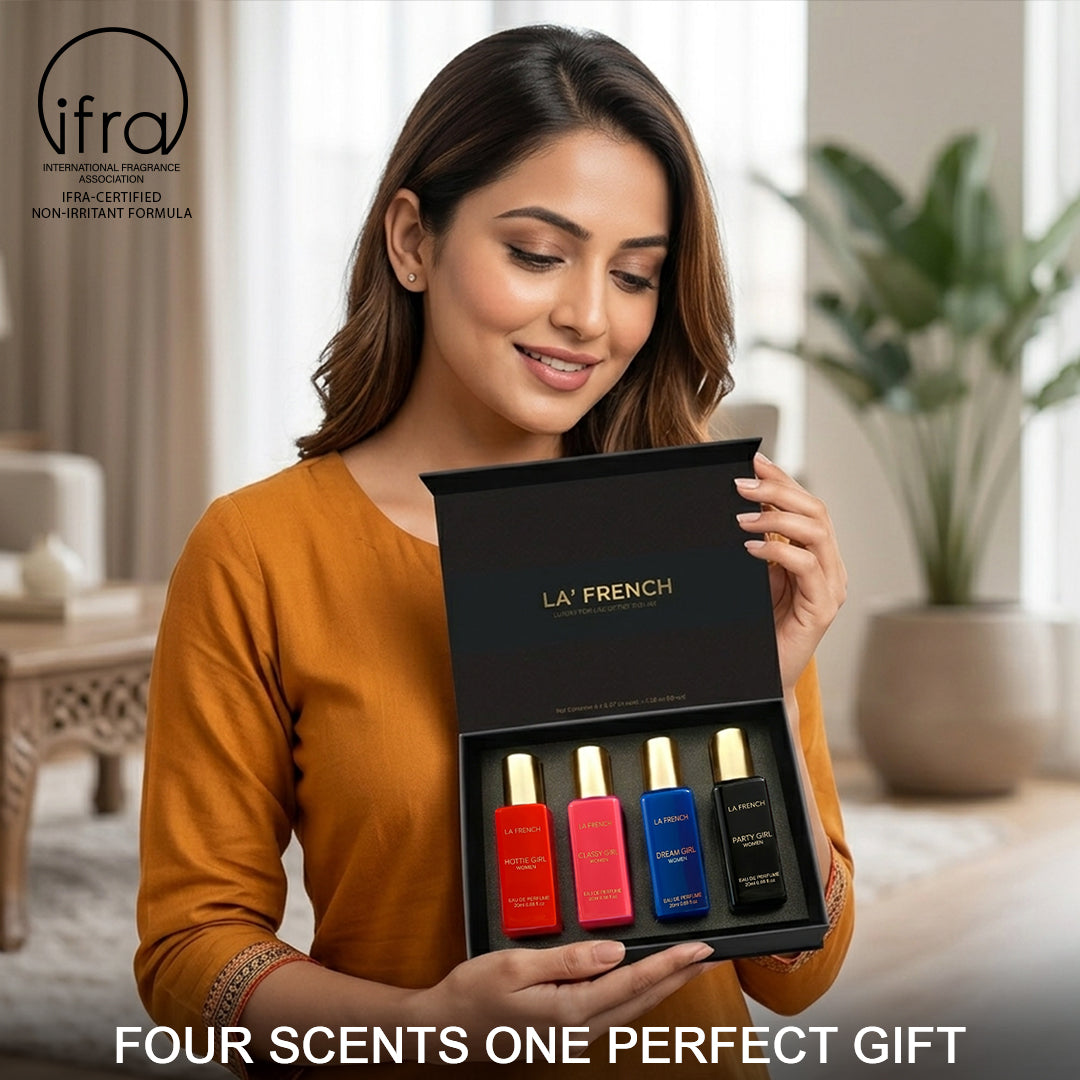 La French Sassy Luxury Perfume Gift Set for Women – Set of 4 Mini Perfumes (20ml Each) | Long-Lasting & Luxurious Fragrances | Premium Combo Gift Set for Girls & Women | Perfect for Gifting & Everyday Elegance