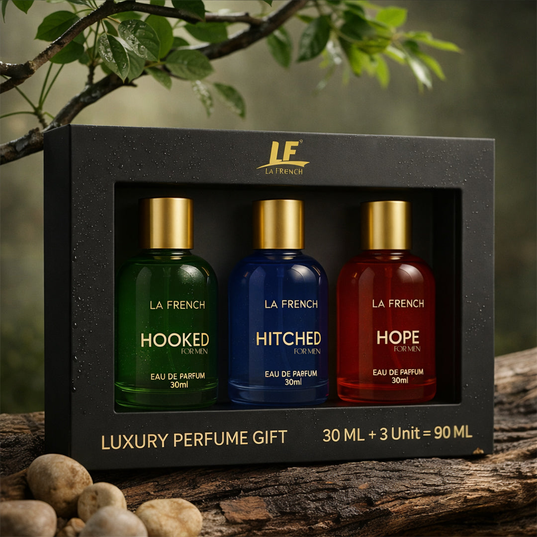 La French Perfume Gift Set for Men 3x30 ML Hooked Hope Hitched Best Gift Hamper Perfume | Long Lasting | Citrus Spicy & Musky Fragrance | Date night fragrance | Best Gift Set For Men