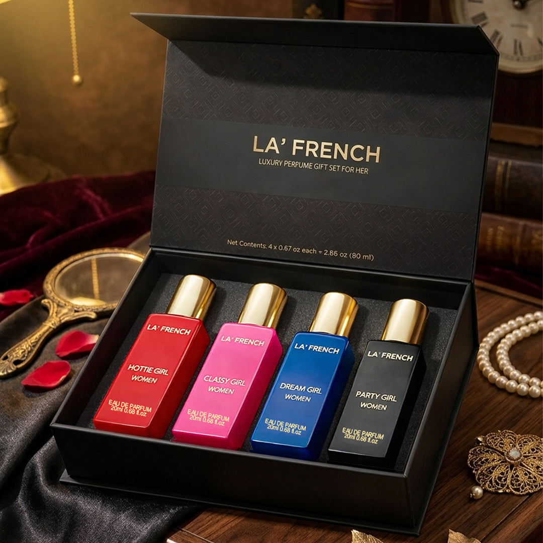 La French Sassy Luxury Perfume Gift Set for Women – Set of 4 Mini Perfumes (20ml Each) | Long-Lasting & Luxurious Fragrances | Premium Combo Gift Set for Girls & Women | Perfect for Gifting & Everyday Elegance