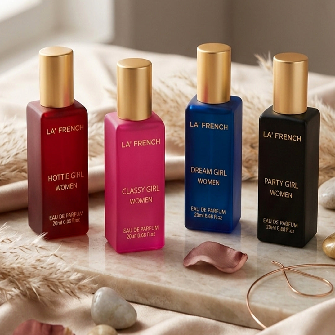 La French Sassy Luxury Perfume Gift Set for Women – Set of 4 Mini Perfumes (20ml Each) | Long-Lasting & Luxurious Fragrances | Premium Combo Gift Set for Girls & Women | Perfect for Gifting & Everyday Elegance