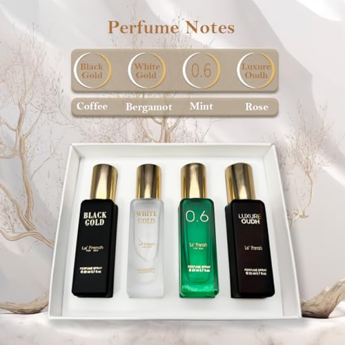 Classic Perfume Gift Set 4x20ml | Long Lasting Mini Perfume Collection for Men & Women | Black Gold, White Gold, 0.6 & Luxure Oudh