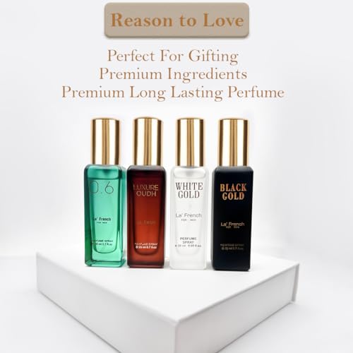Classic Perfume Gift Set 4x20ml | Long Lasting Mini Perfume Collection for Men & Women | Black Gold, White Gold, 0.6 & Luxure Oudh